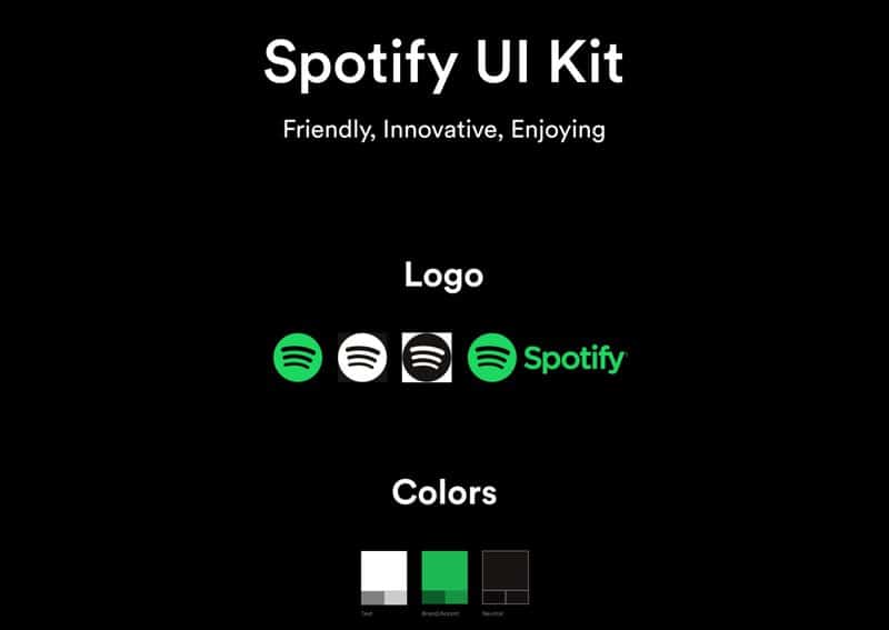 The image shows a UI (design system) kit with a tone of voice: friendly, innovative, and fun. Logo options in white, green and black. 